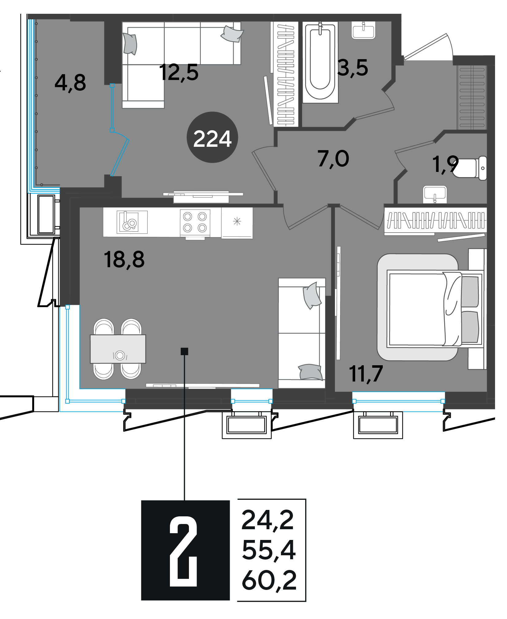 Планировка: 2-комн. квартира 60,4 м²