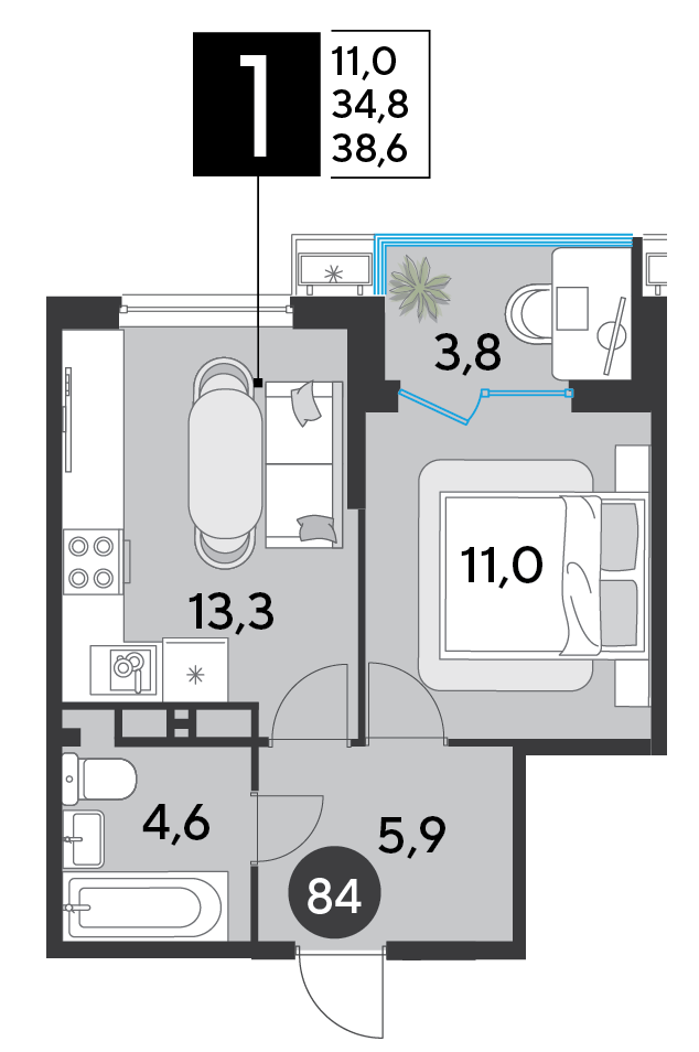 Планировка: 1-комн. квартира 38,6 м²
