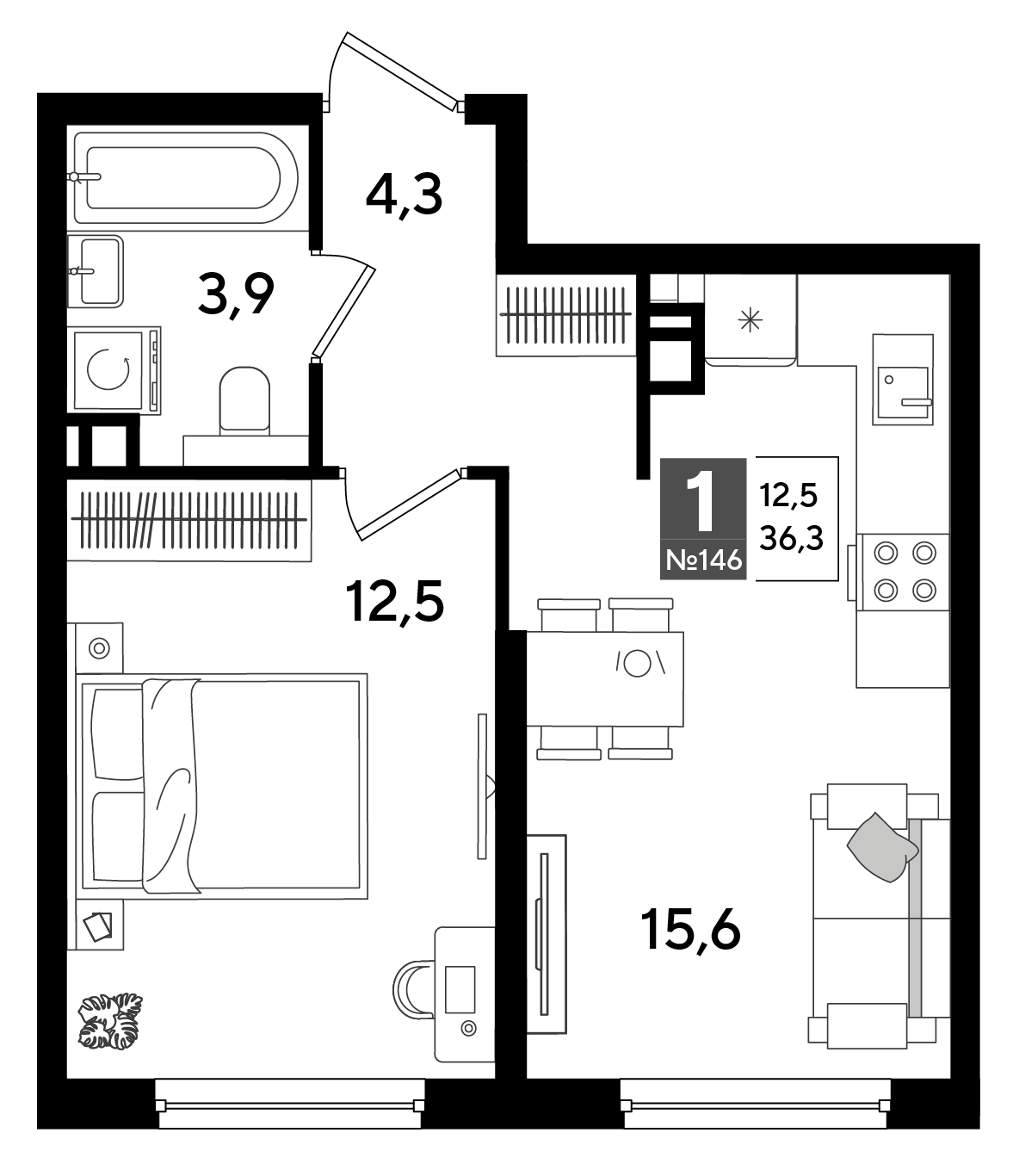 Планировка: 1-комн. квартира 36,3 м²