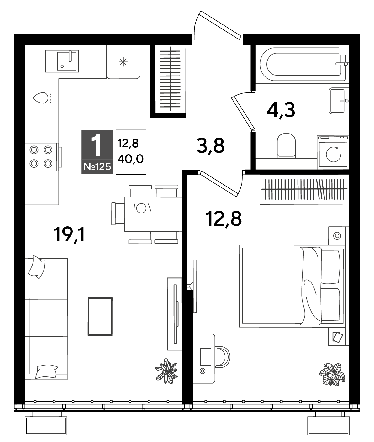 Планировка: 1-комн. квартира 40 м²