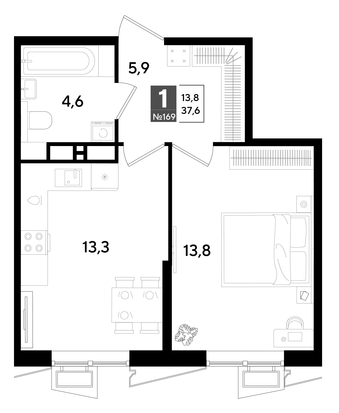 Планировка: 1-комн. квартира 37,6 м²