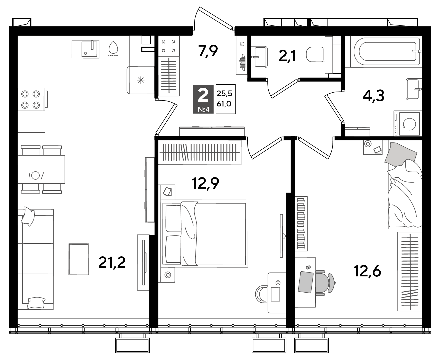 Планировка 2-комнатная 61 м²
