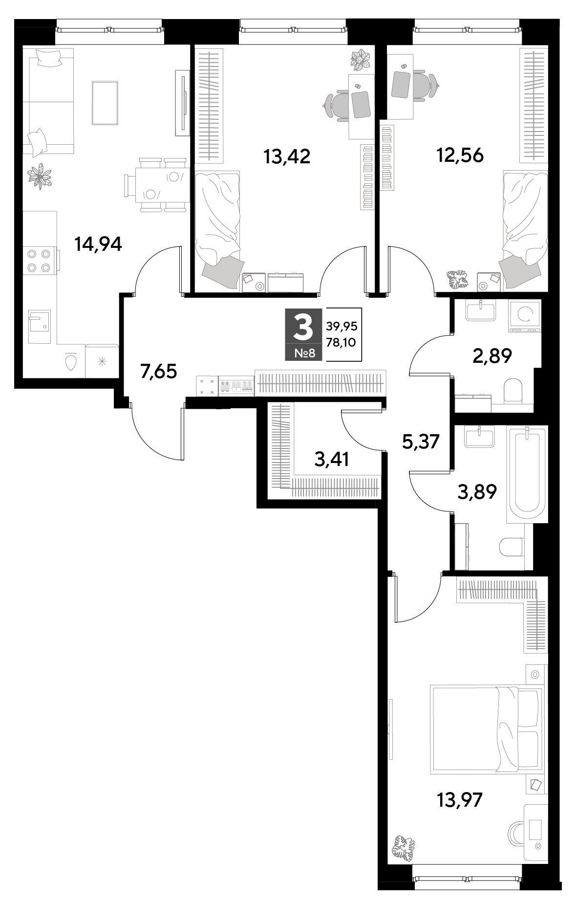 Планировка 3-комнатная 78,1 м²