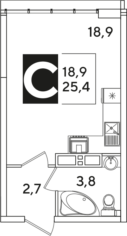 Планировка: Студия 25,4 м²