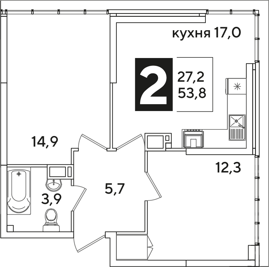 Планировка: 2-комн. квартира 53,8 м²