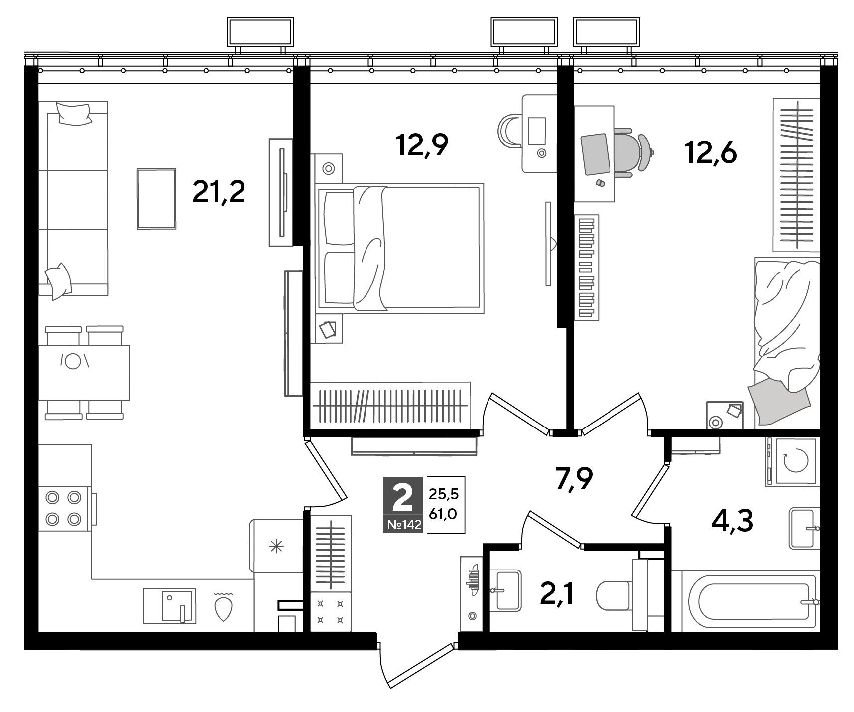 Планировка 2-комнатная 61 м²