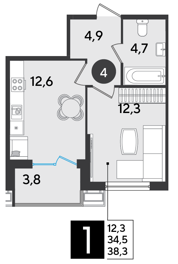 Планировка 1-комнатная 38,3 м²