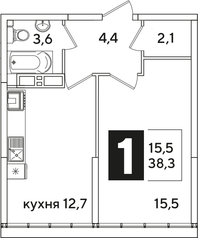 Планировка: 1-комн. квартира 38,3 м²