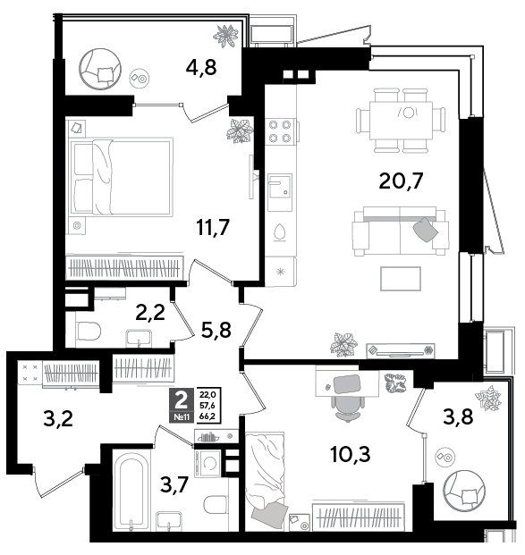 Планировка: 2-комн. квартира 66,2 м²