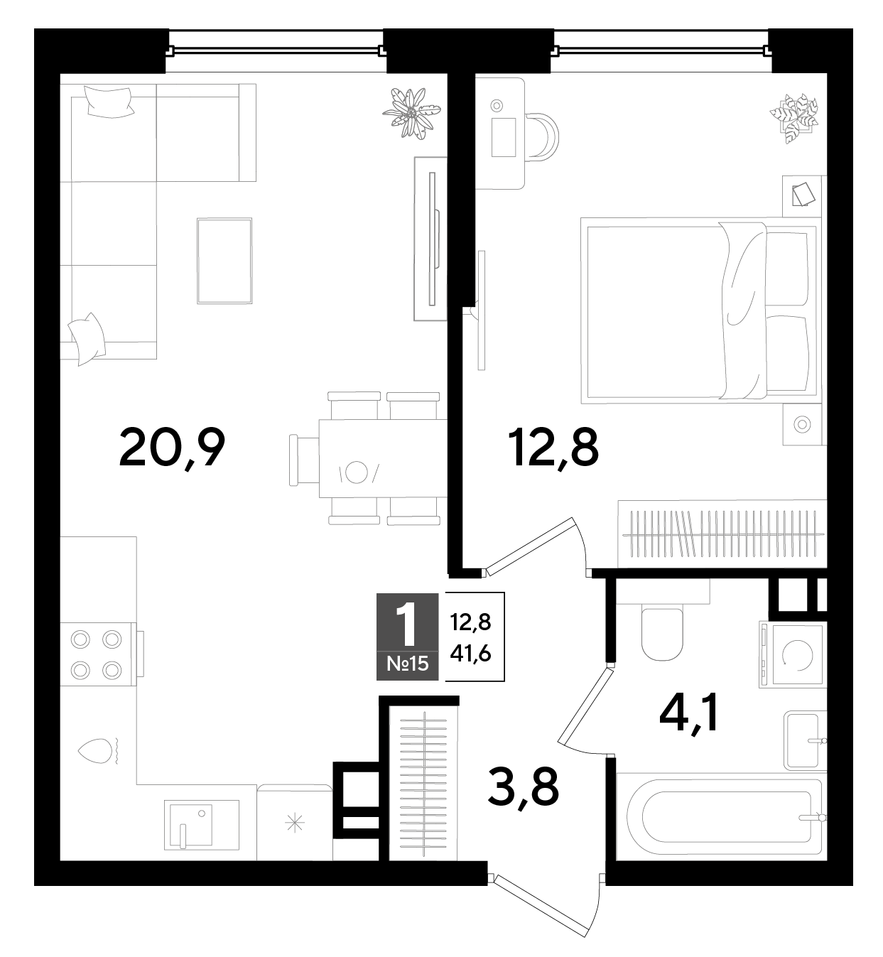 Планировка 1-комнатная 41,6 м²