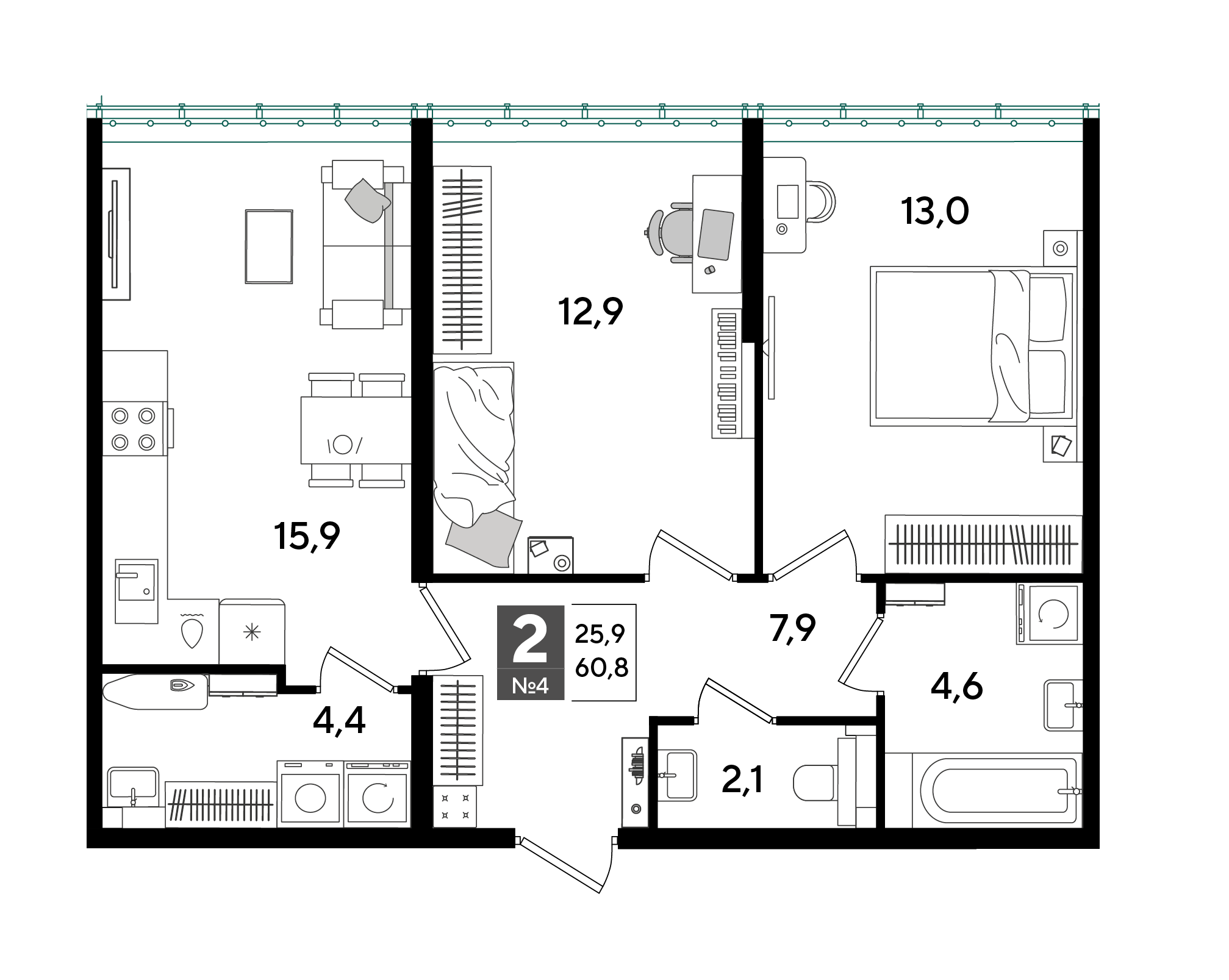 Планировка: 2-комн. квартира 60,8 м²