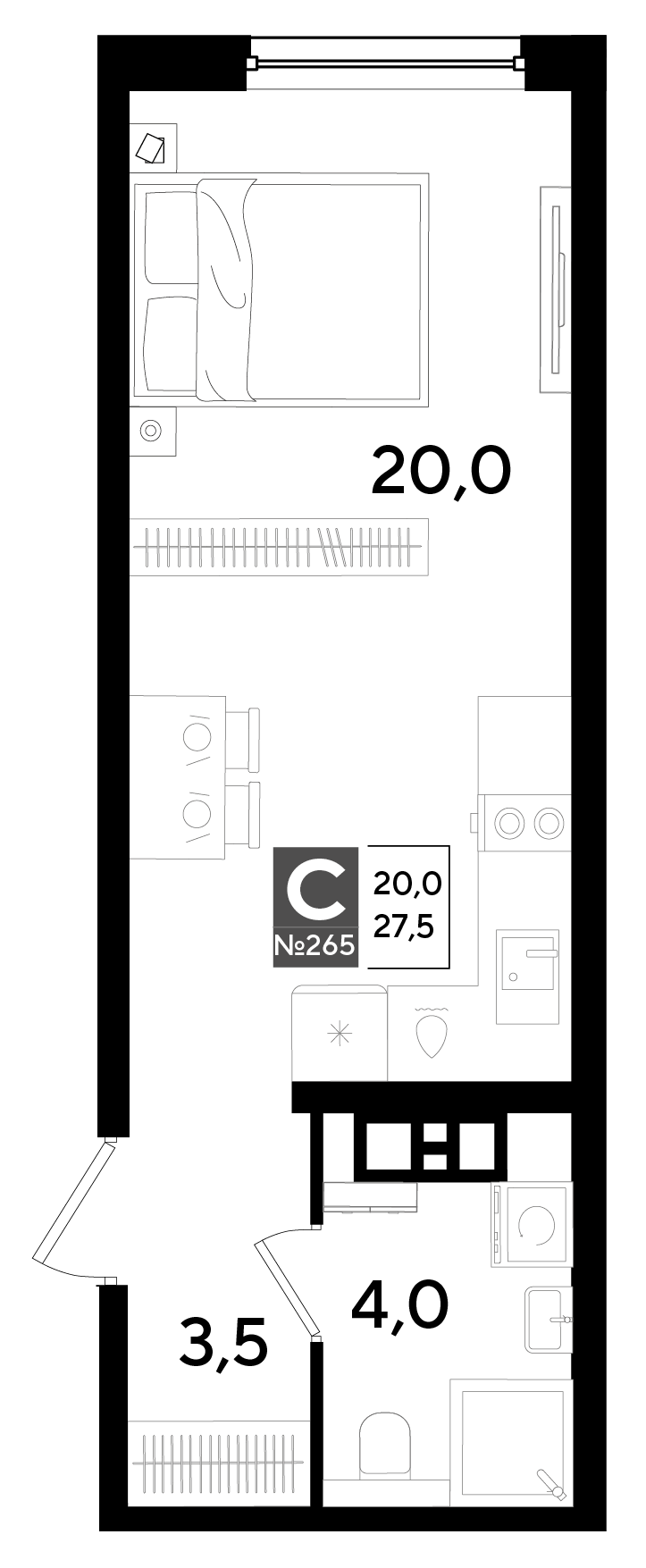 Планировка: Студия 27,5 м²