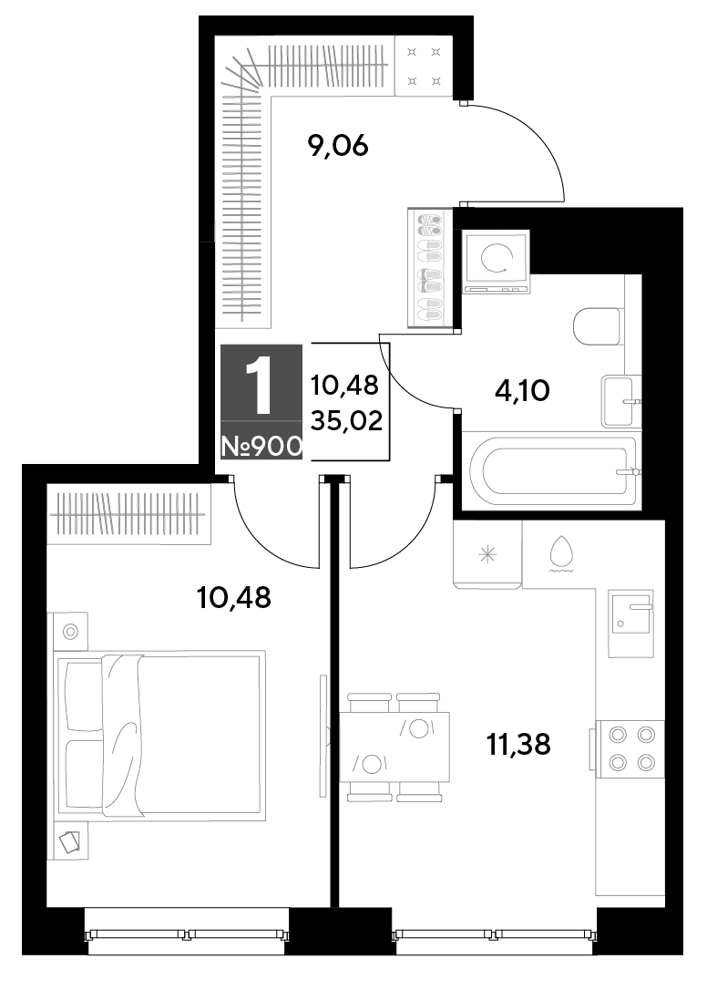 Планировка 1-комнатная 35,02 м²