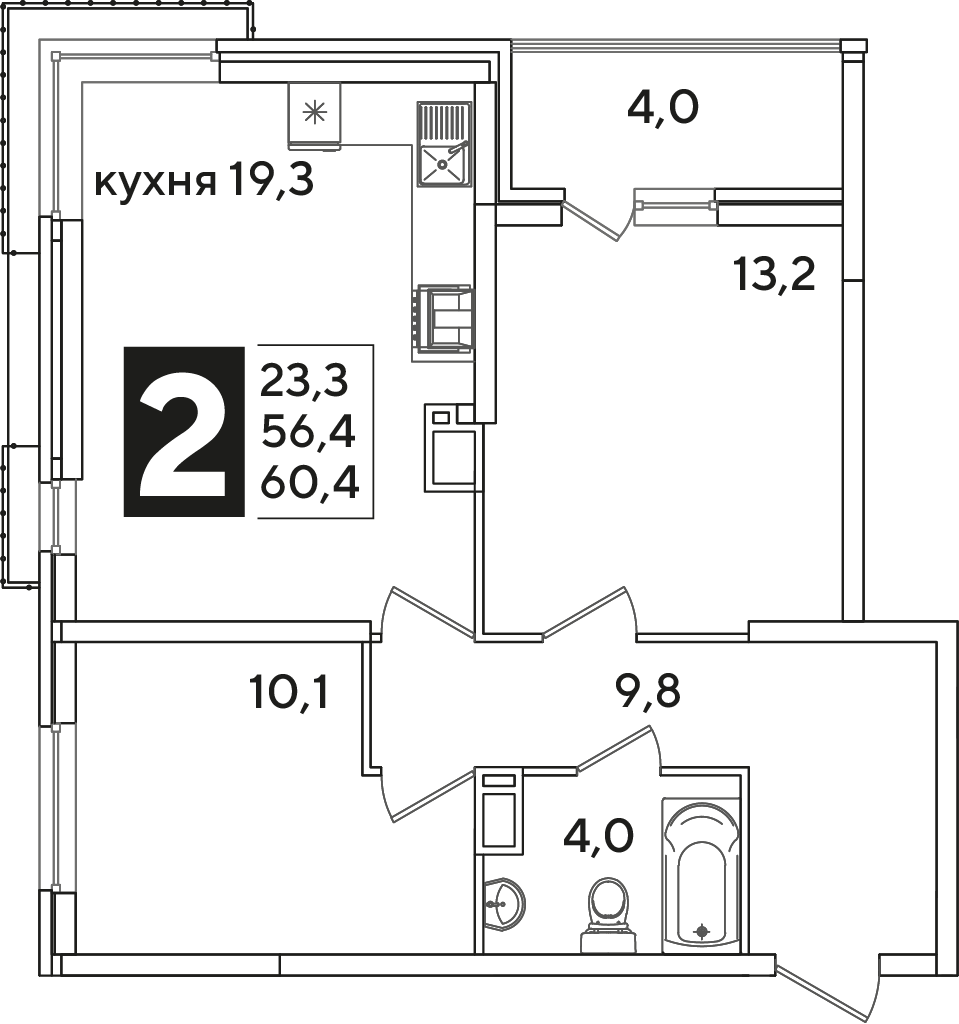 Планировка: 2-комн. квартира 60,4 м²