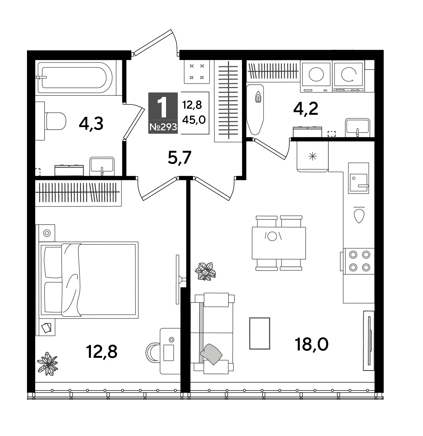 Планировка: 1-комн. квартира 45 м²