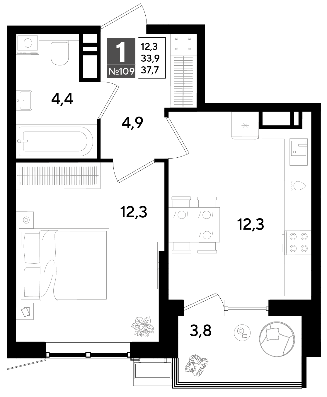 Планировка: 1-комн. квартира 37,9 м²