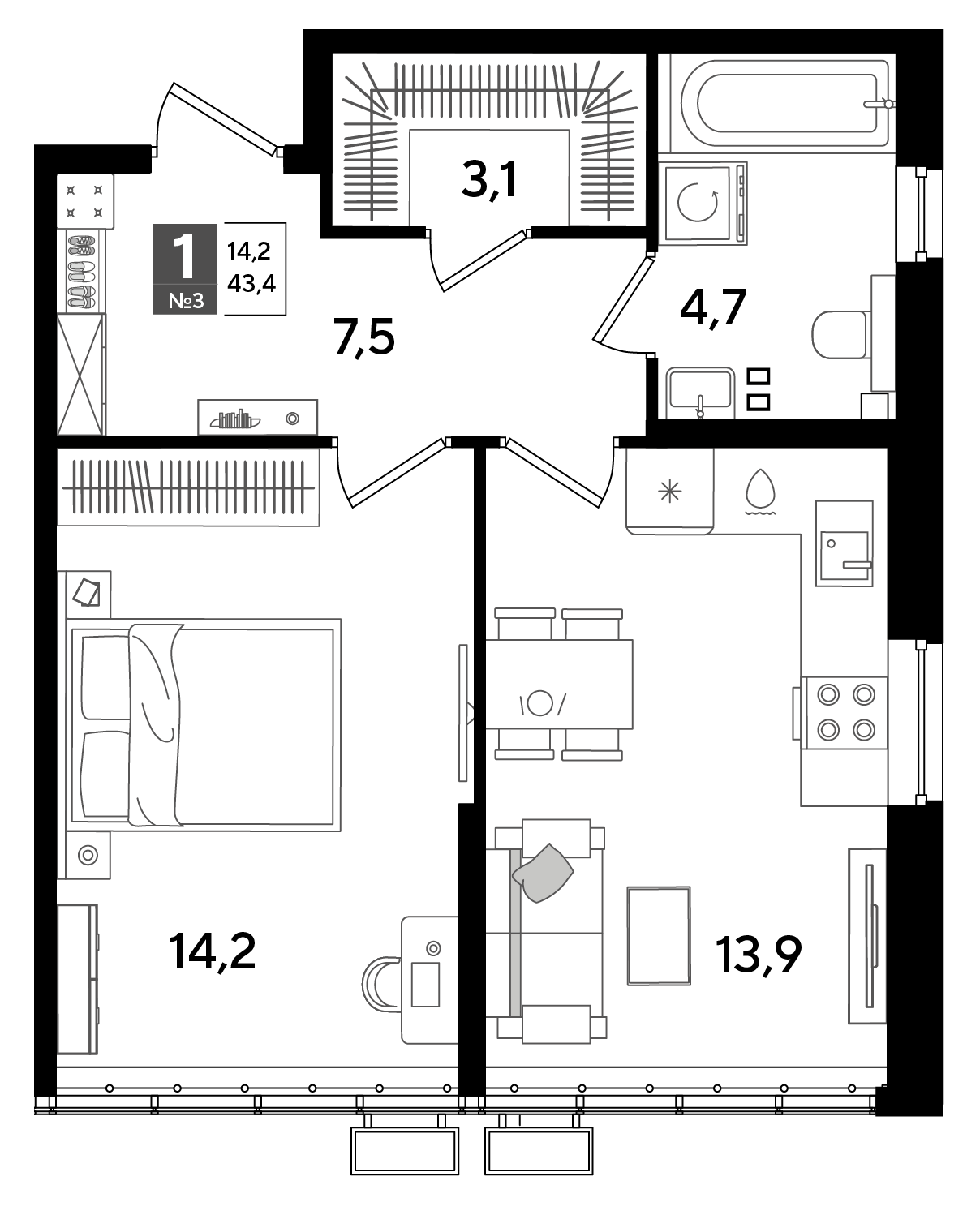Планировка 1-комнатная 43,4 м²