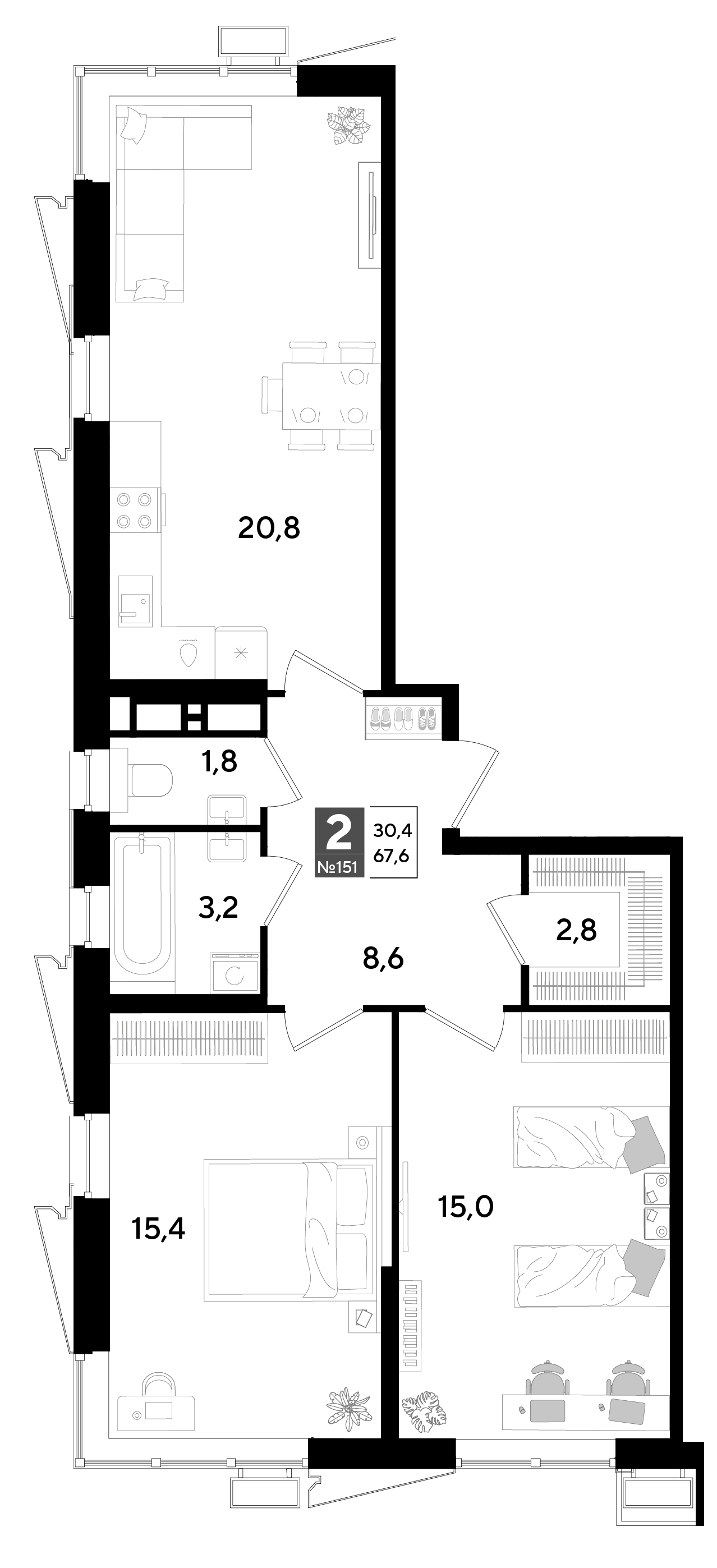 Планировка: 2-комн. квартира 67,6 м²
