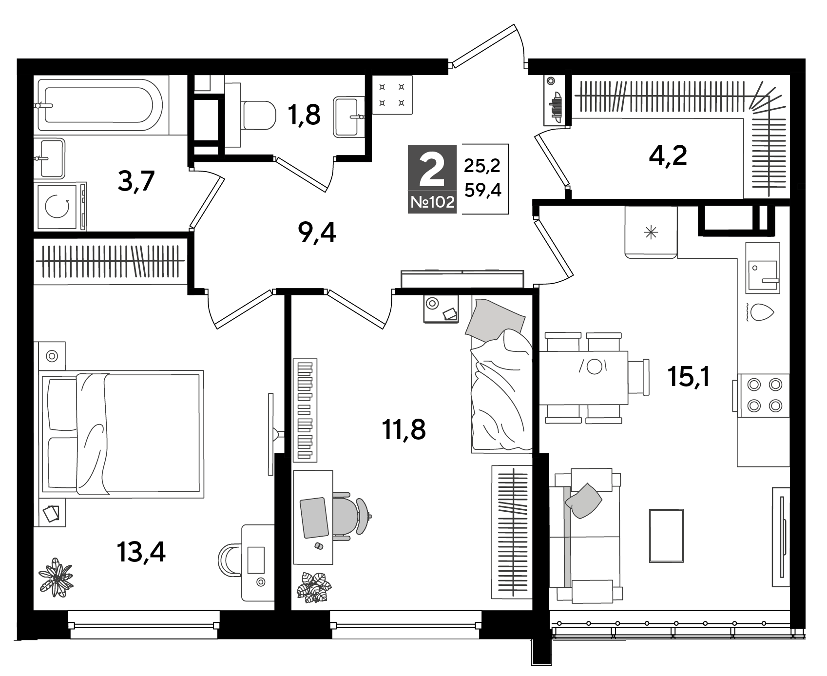 Планировка: 2-комн. квартира 59,4 м²