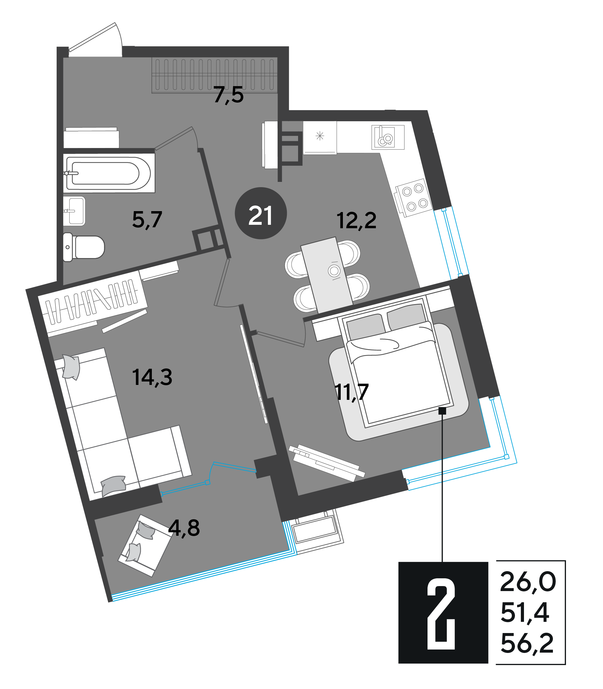 Планировка: 2-комн. квартира 56,2 м²