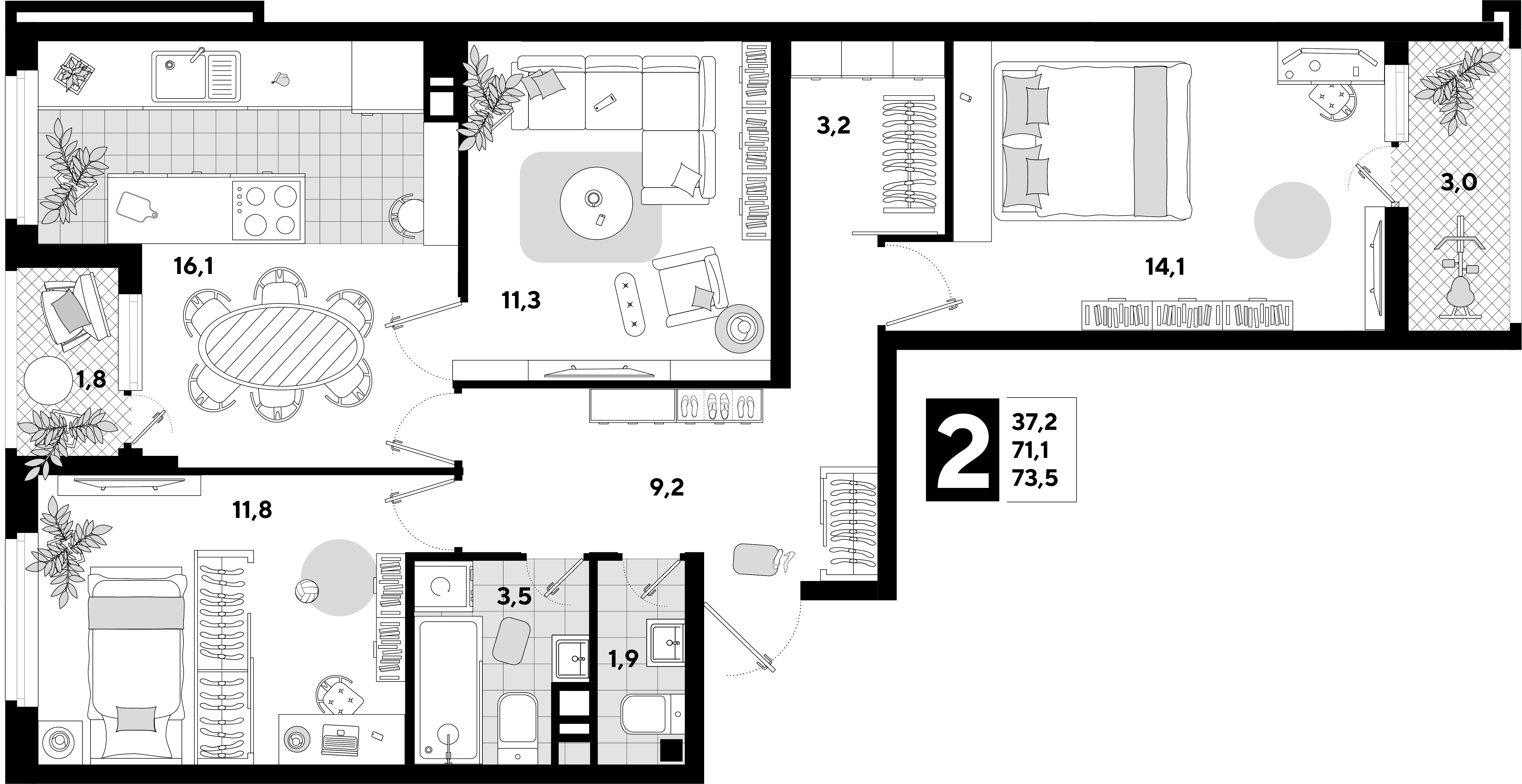 Планировка: 3-комн. квартира 73,5 м²