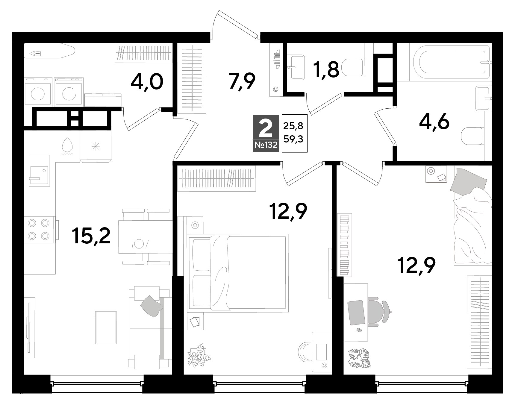 Планировка: 2-комн. квартира 59,3 м²