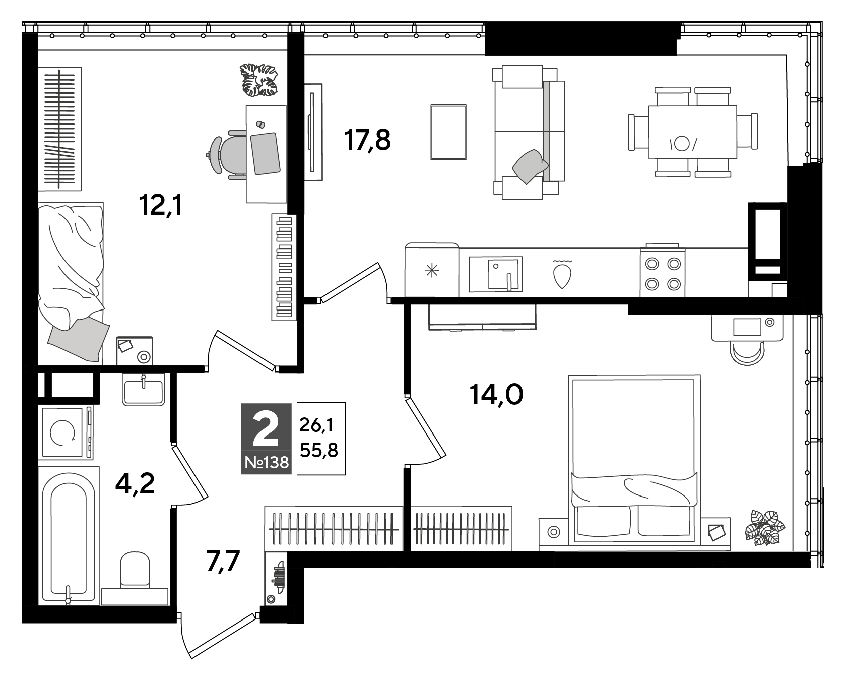 Планировка: 2-комн. квартира 55,8 м²