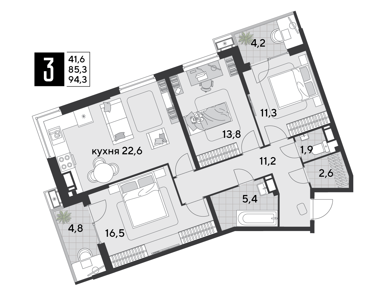 Планировка: 3-комн. квартира 95,8 м²