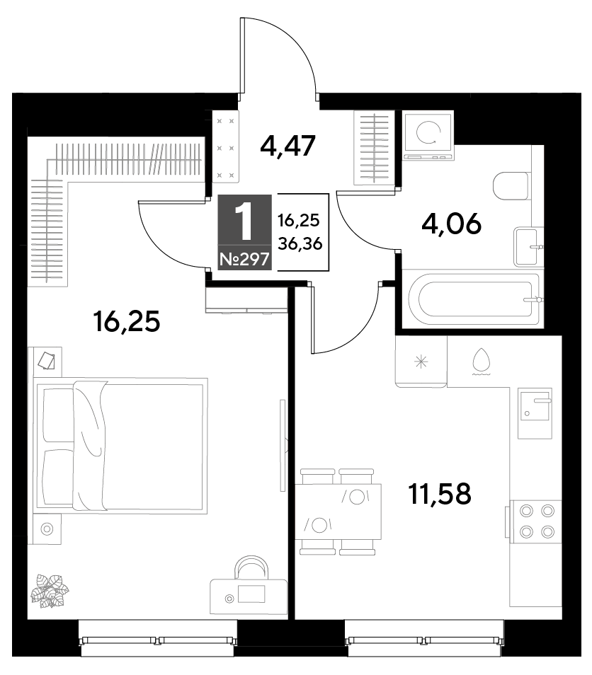 Планировка 1-комнатная 36,36 м²