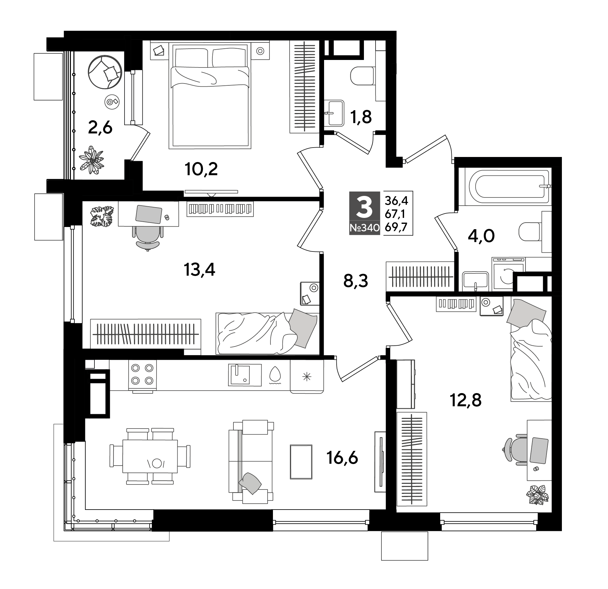 Планировка: 3-комн. квартира 69,7 м²
