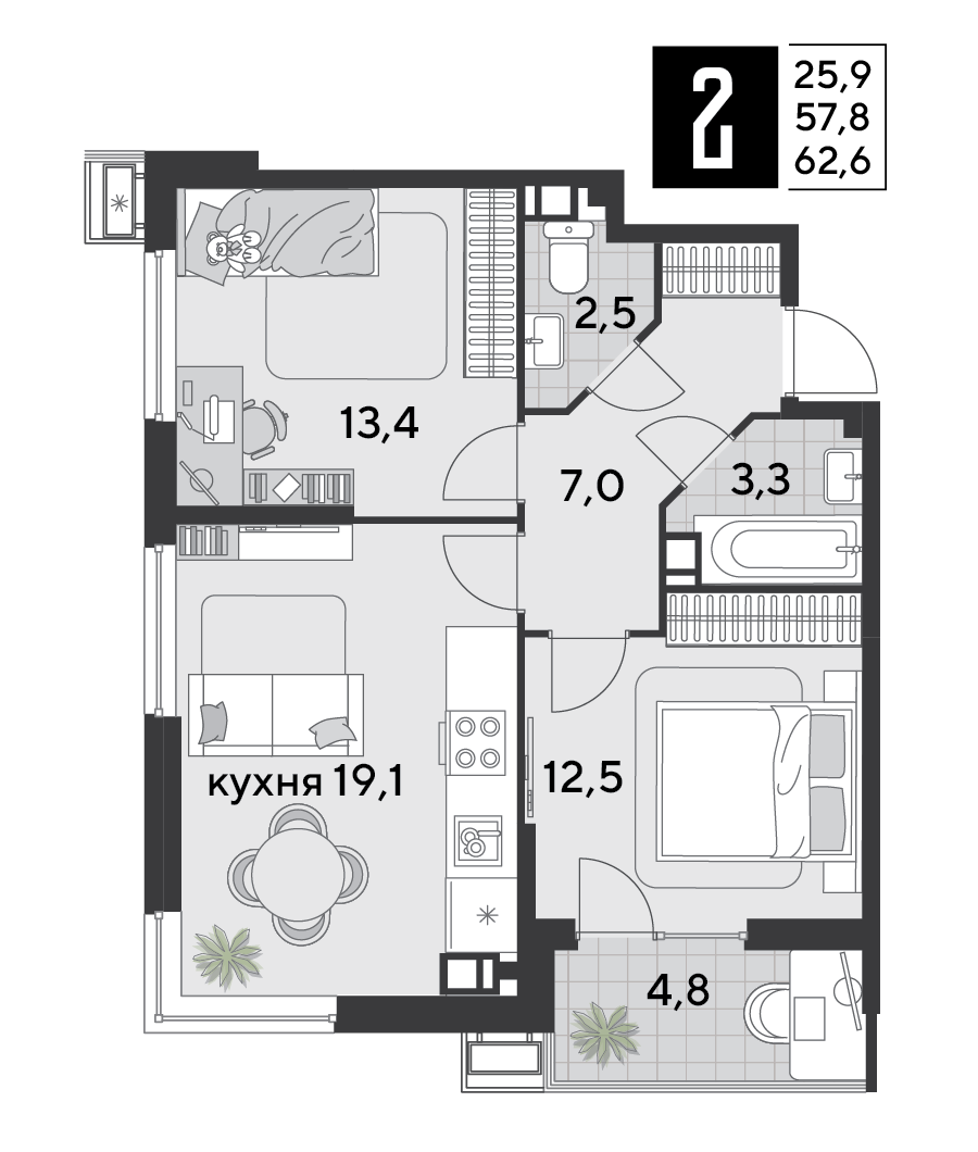 Планировка: 2-комн. квартира 62,6 м²