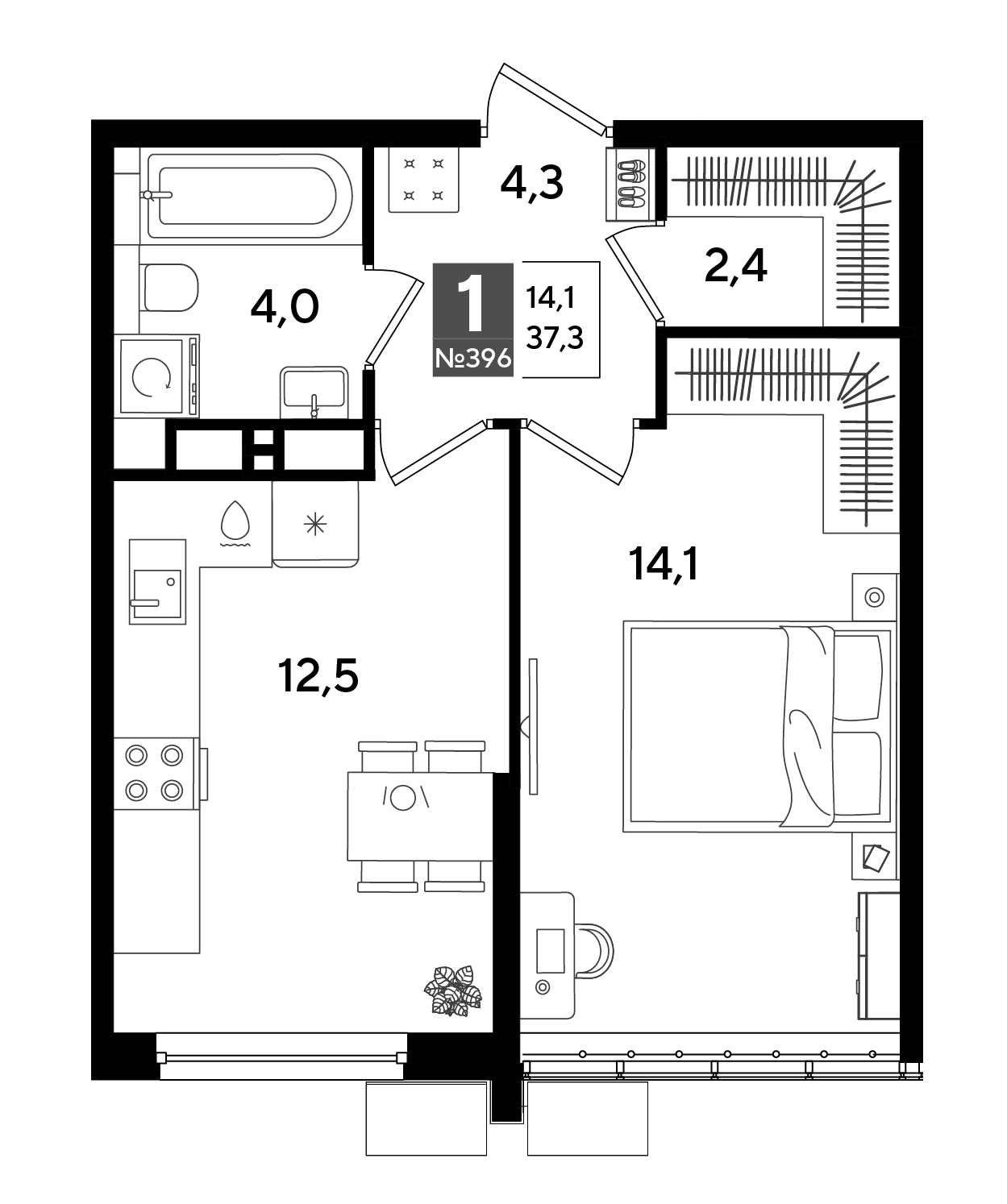 Планировка: 1-комн. квартира 37,3 м²