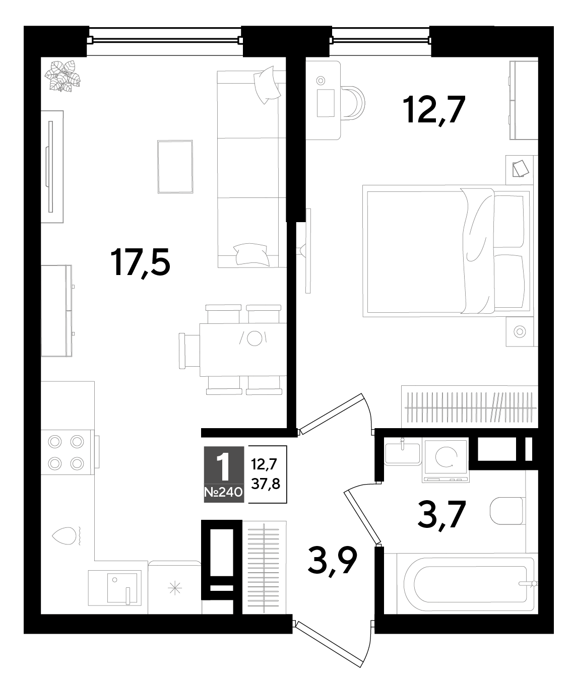 Планировка: 1-комн. квартира 37,8 м²