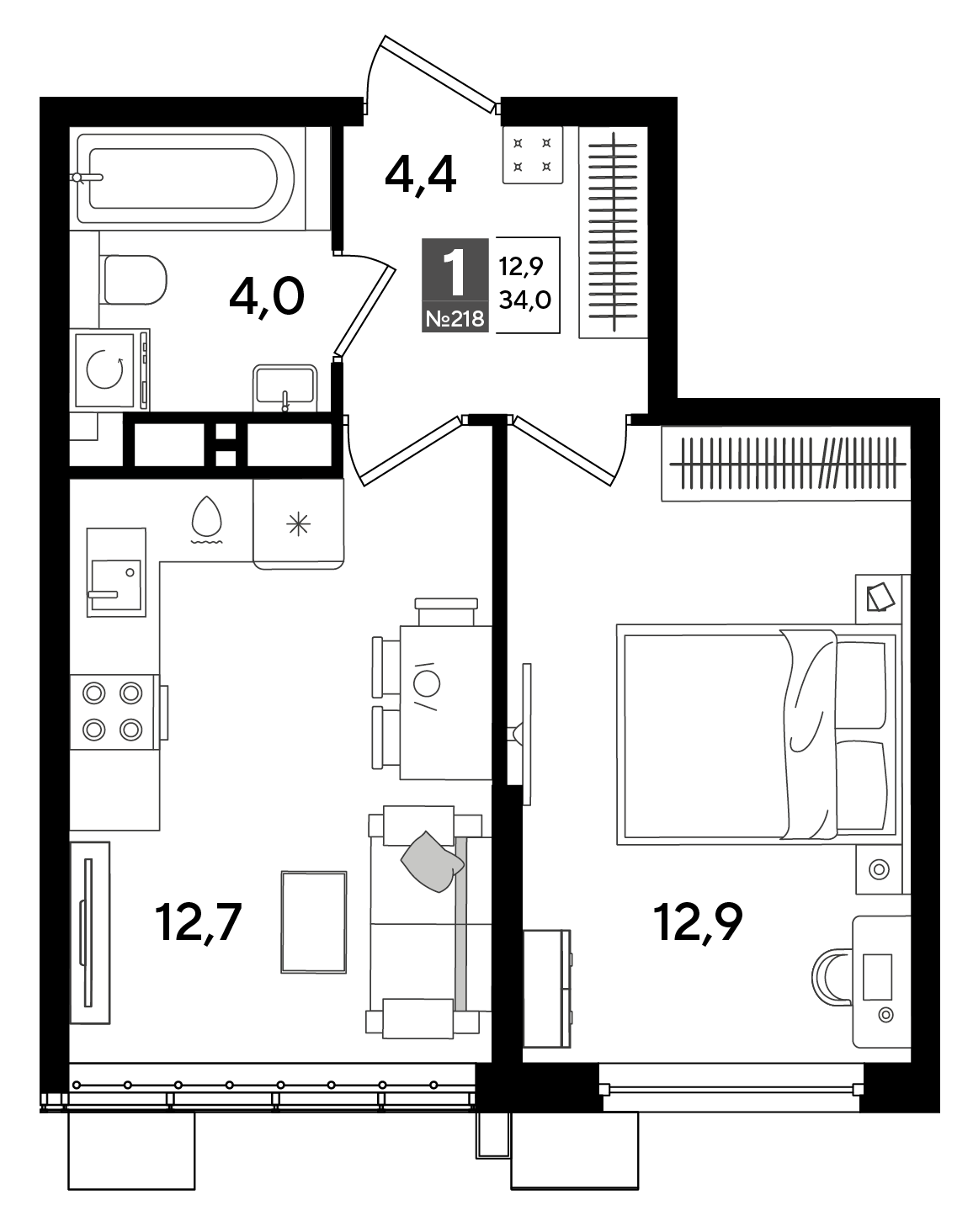 Планировка: 1-комн. квартира 34 м²