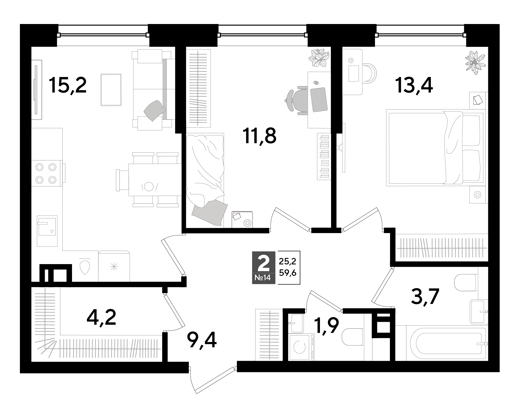 Планировка 2-комнатная 59,6 м²