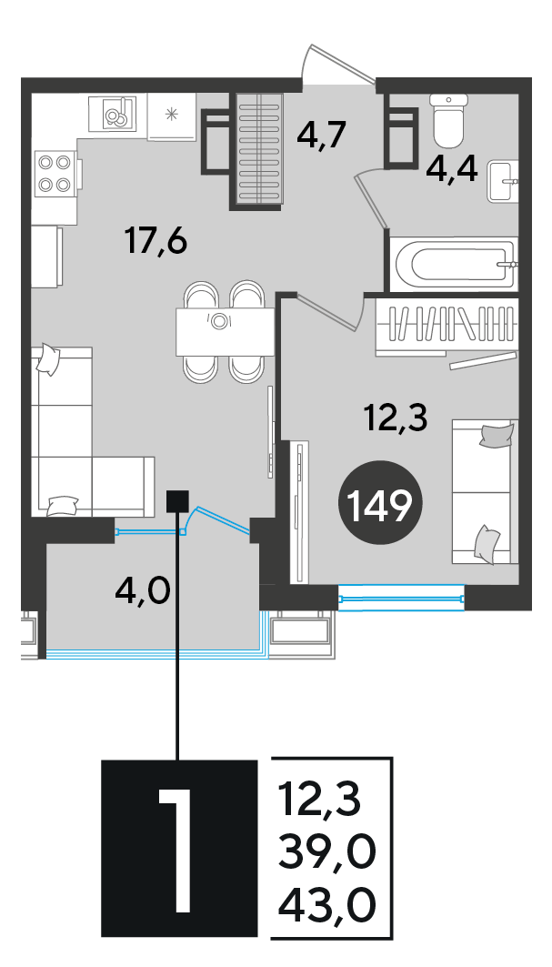 Планировка 1-комнатная 43 м²