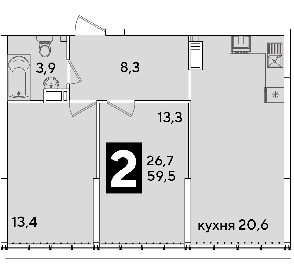 Планировка: 2-комн. квартира 59,5 м²