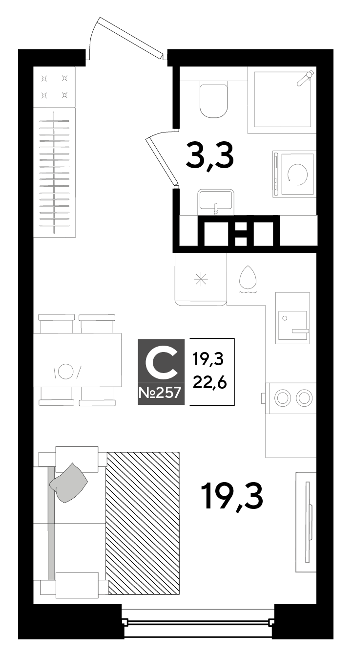 Планировка: Студия 22,6 м²
