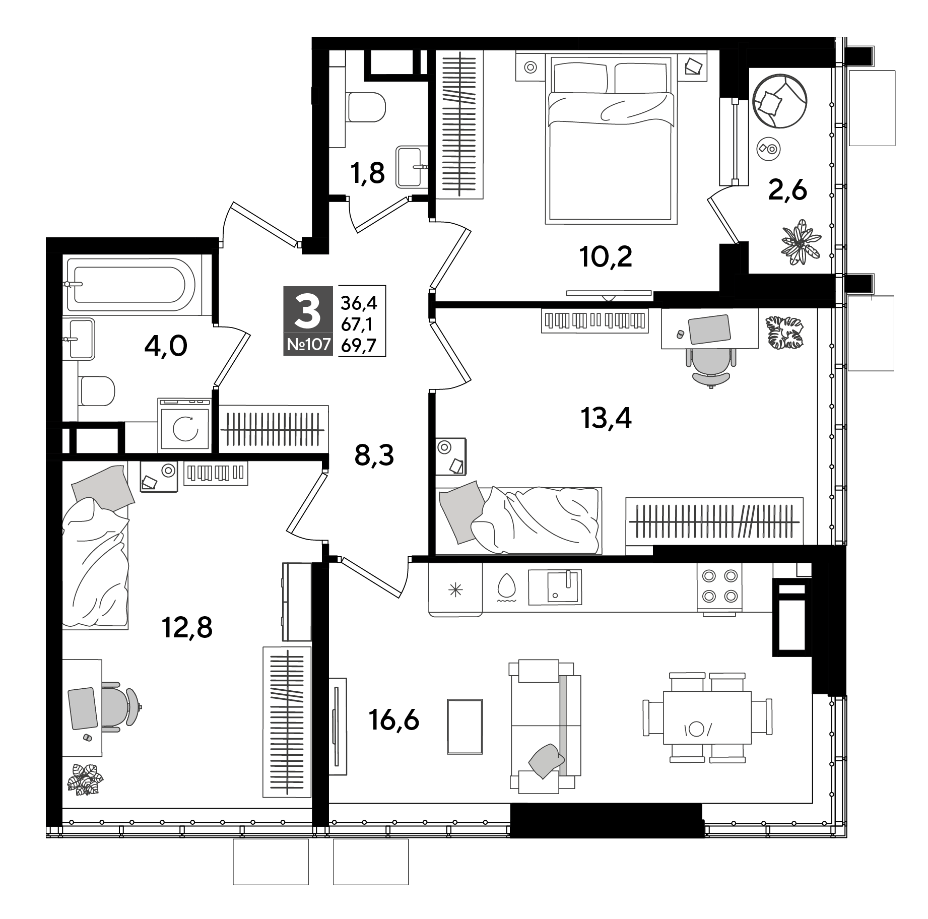 Планировка: 3-комн. квартира 69,7 м²