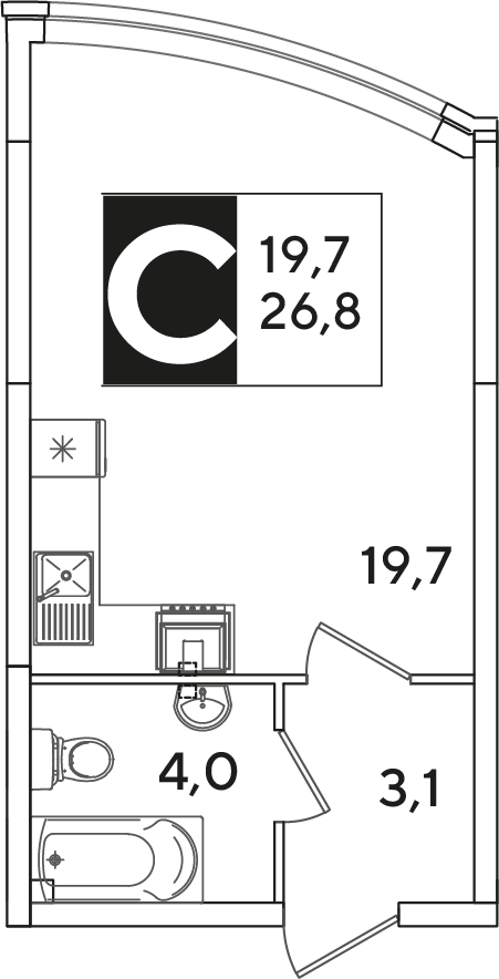 Планировка: Студия 26,8 м²