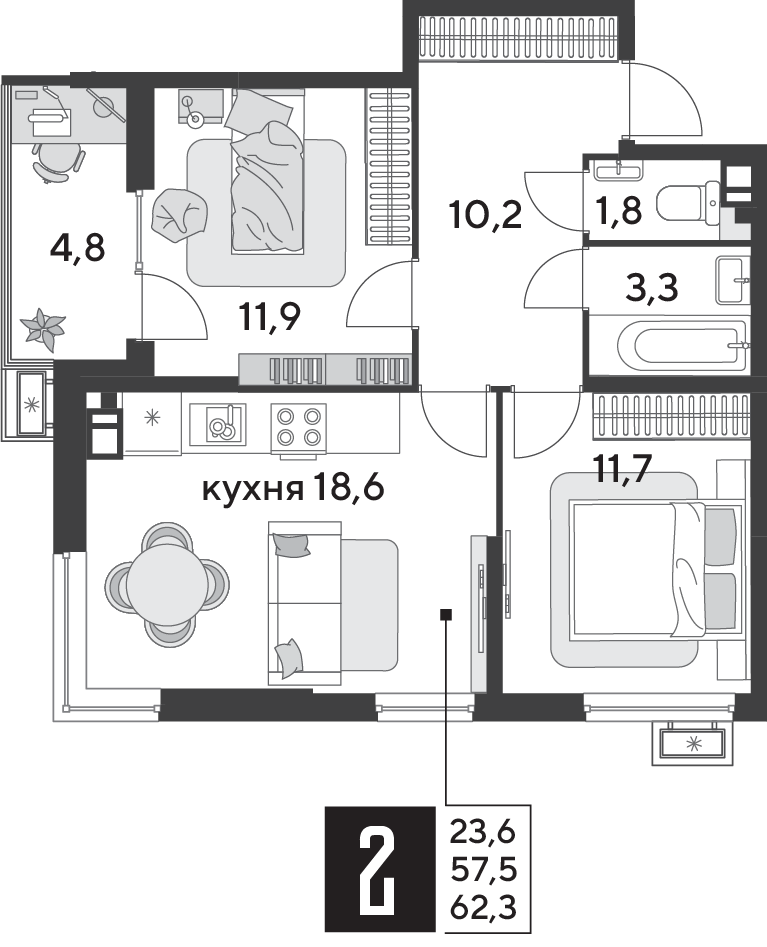 Планировка 2-комнатная 62,4 м²