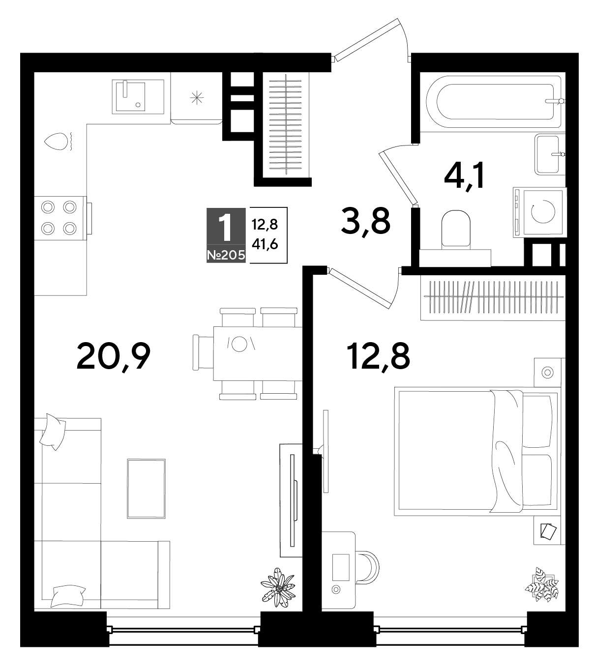 Планировка: 1-комн. квартира 41,6 м²