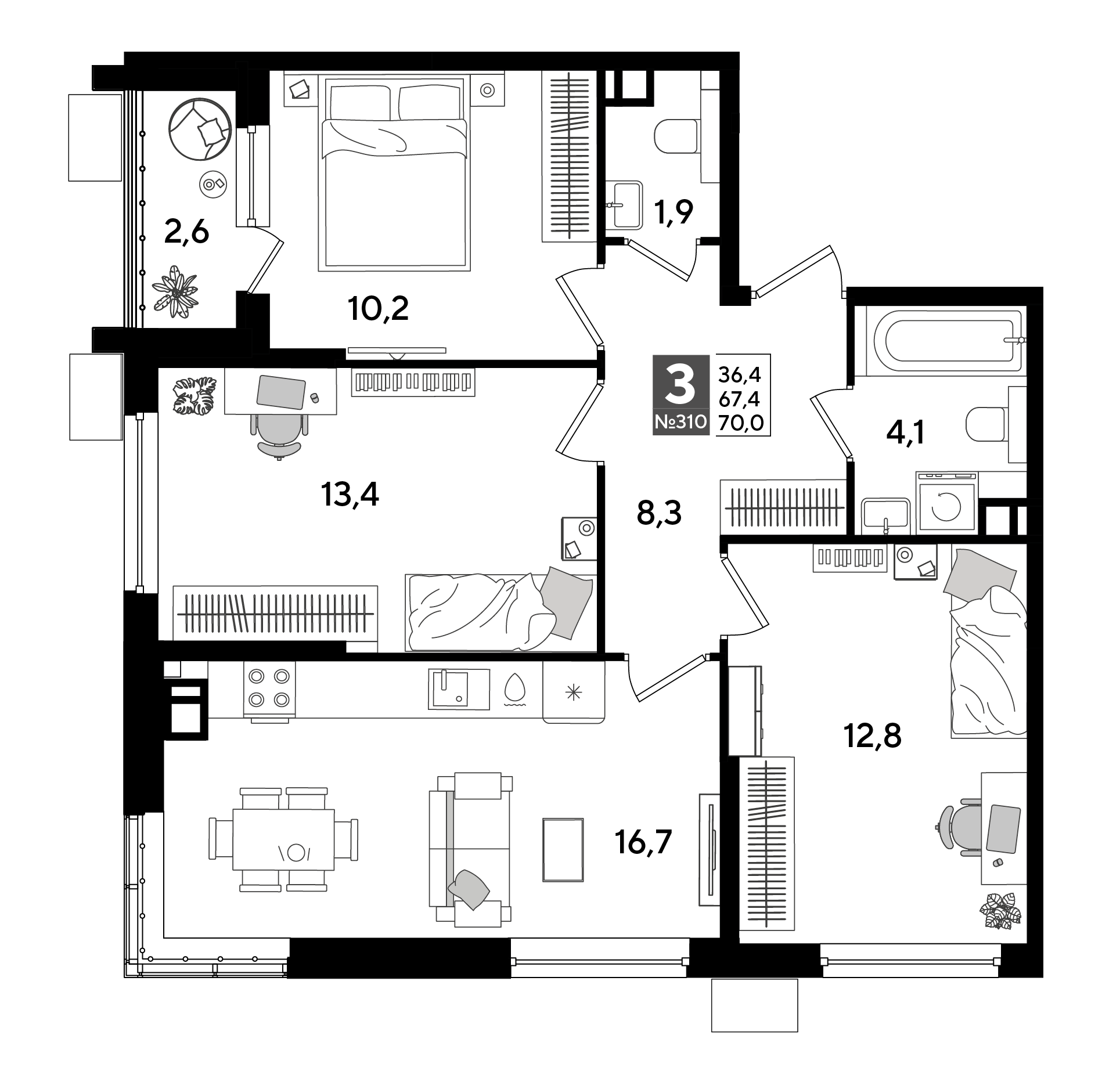 Планировка: 3-комн. квартира 70 м²