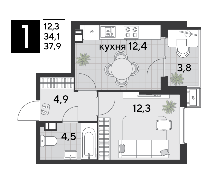 Планировка: 1-комн. квартира 38 м²