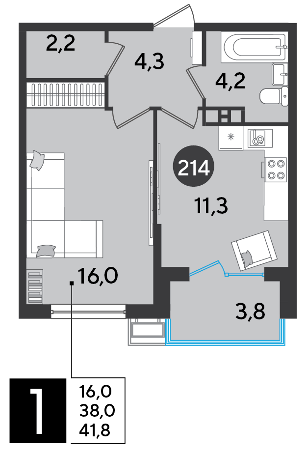 Планировка: 1-комн. квартира 41,8 м²