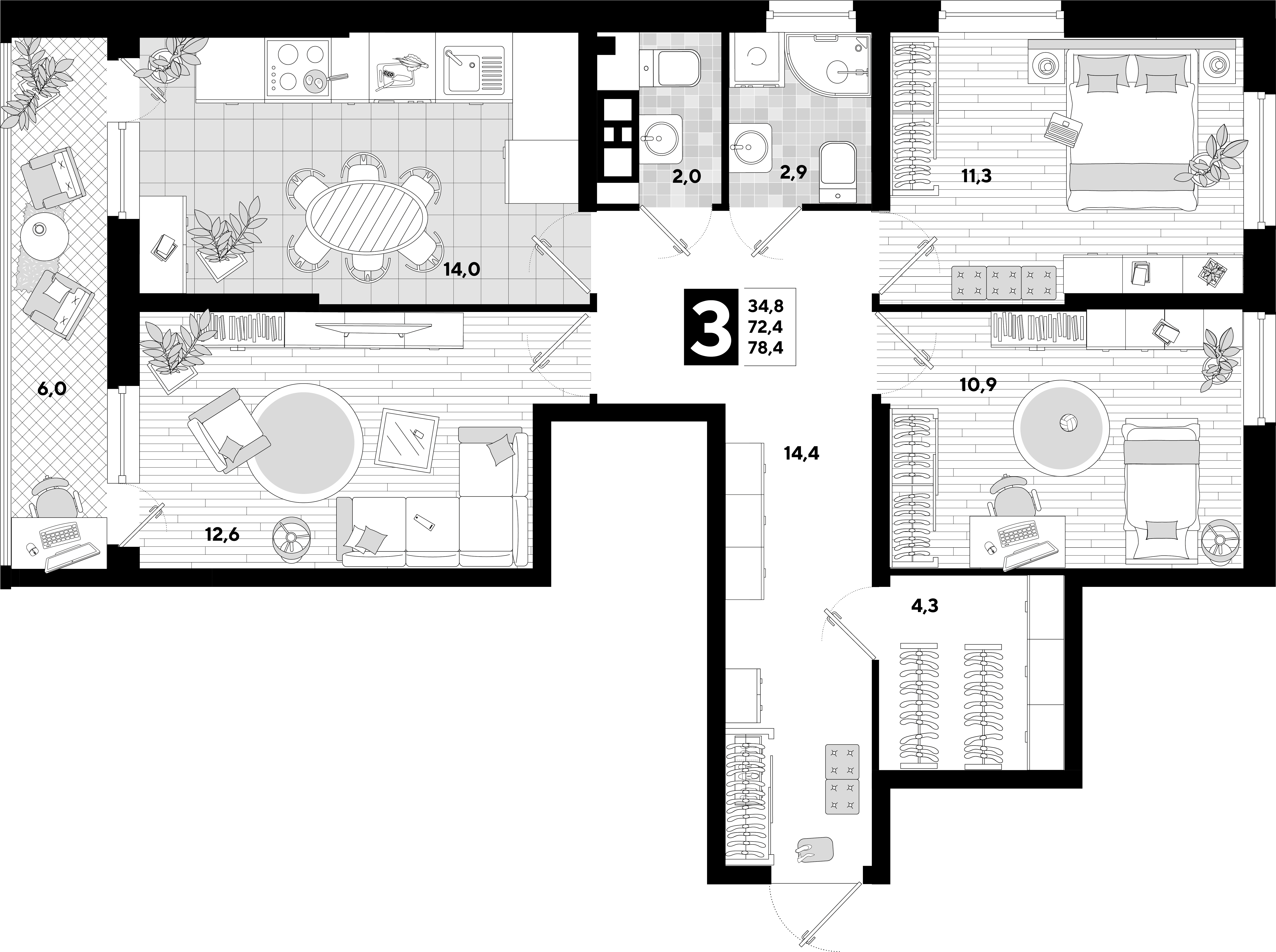 Планировка: 3-комн. квартира 78,4 м²