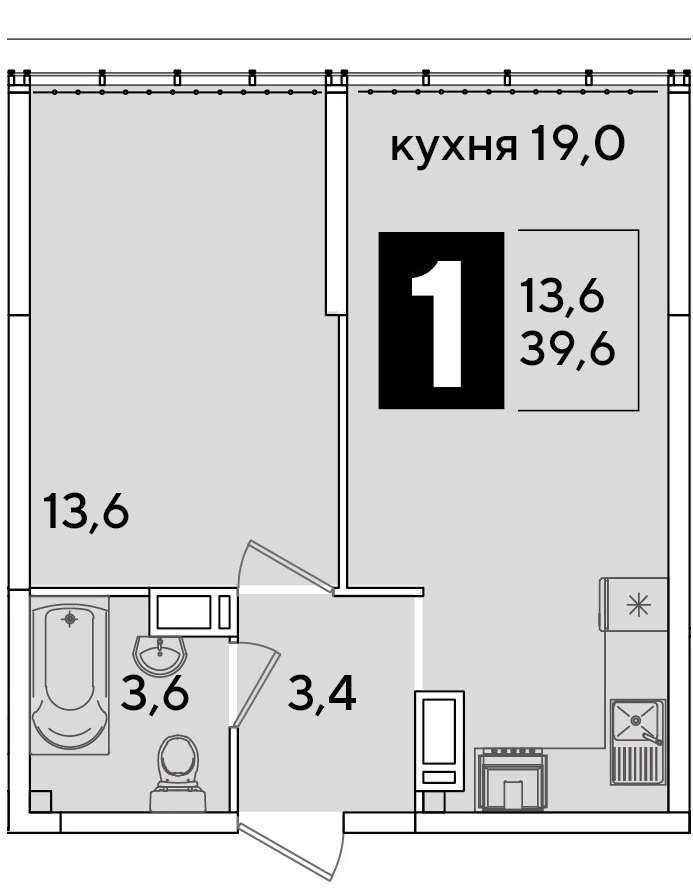 Планировка: 1-комн. квартира 39,6 м²