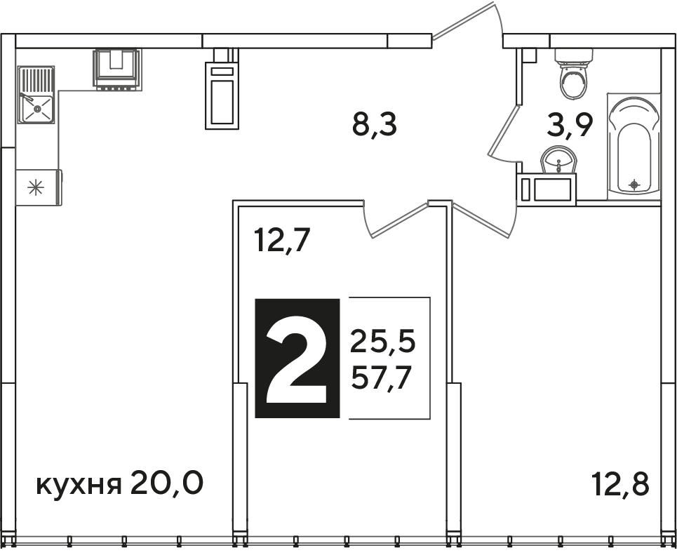 Планировка: 2-комн. квартира 57,7 м²
