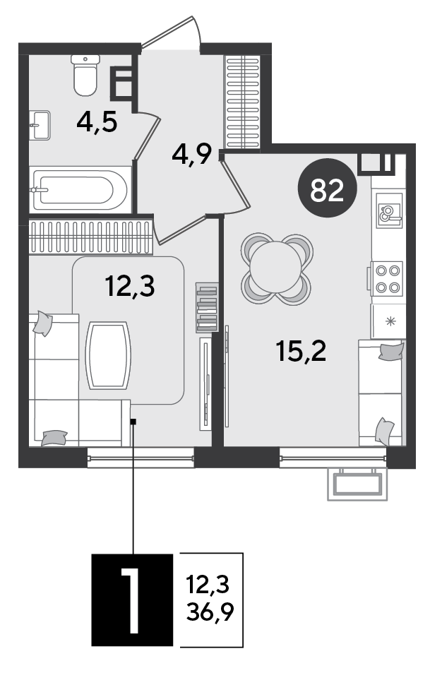 Планировка: 1-комн. квартира 36,9 м²
