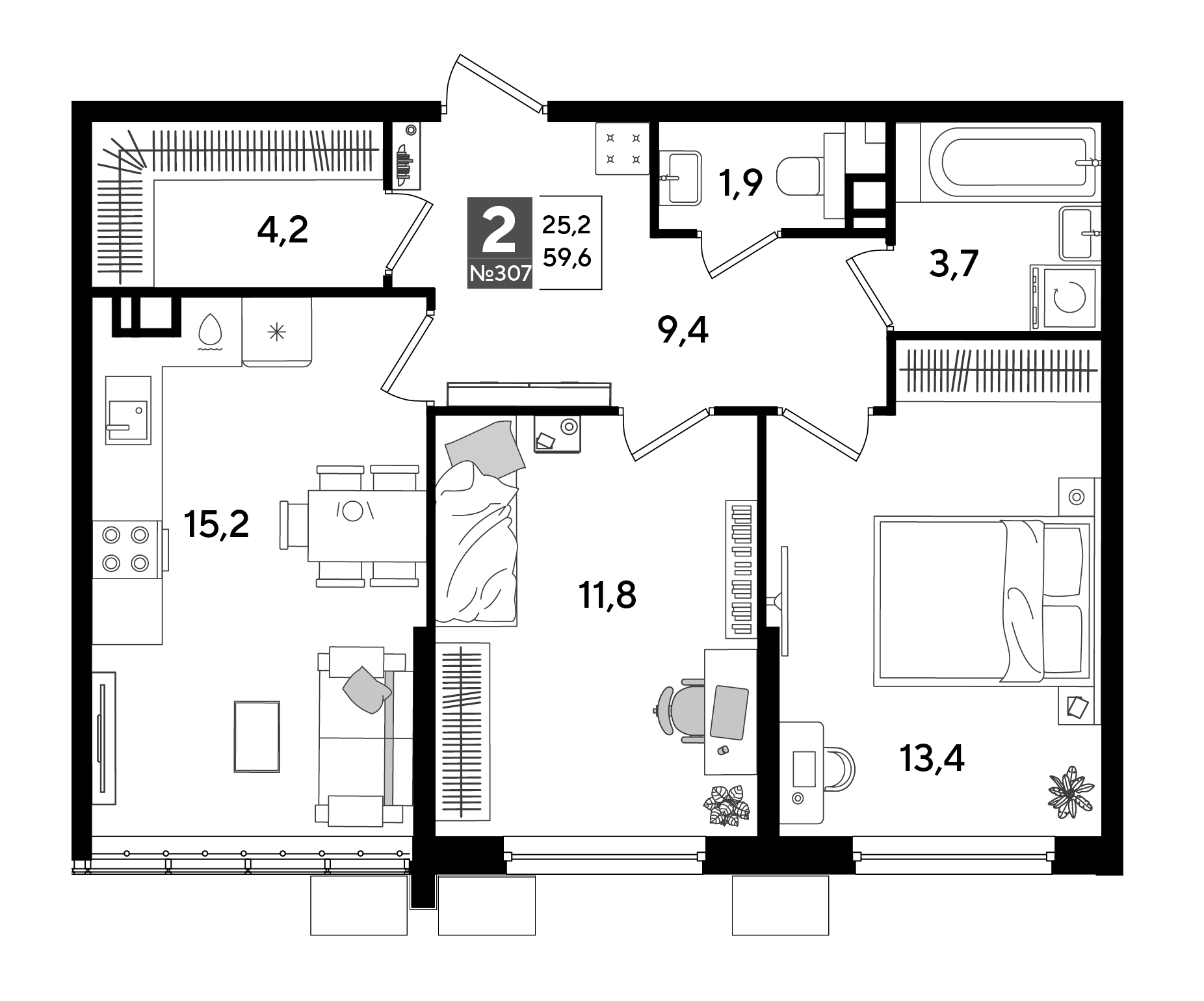 Планировка: 2-комн. квартира 59,6 м²